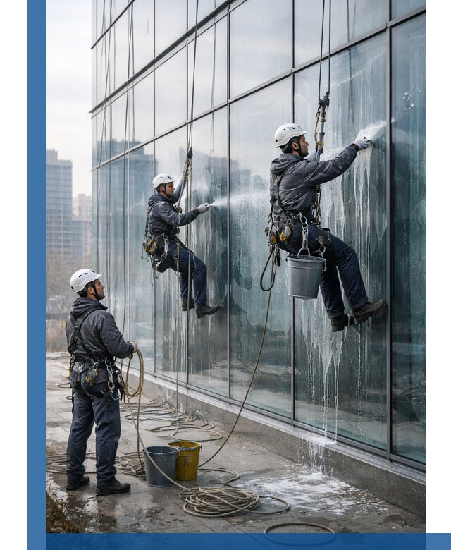 Промышленная мойка панорамных окон на высоте в Пятигорске