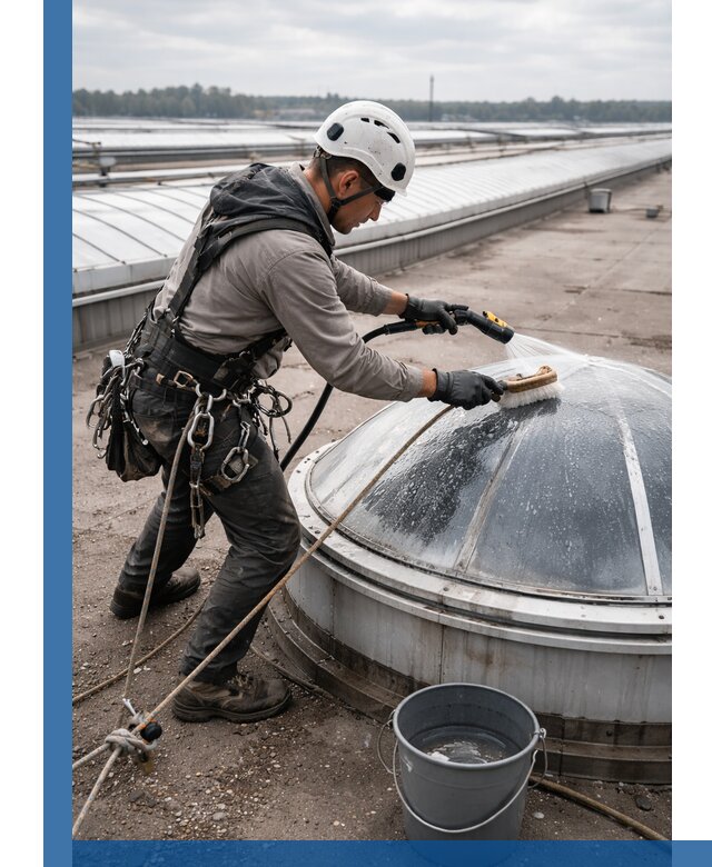 Мойка зенитных фонарей на кровле для промышленных объектов в Пятигорске