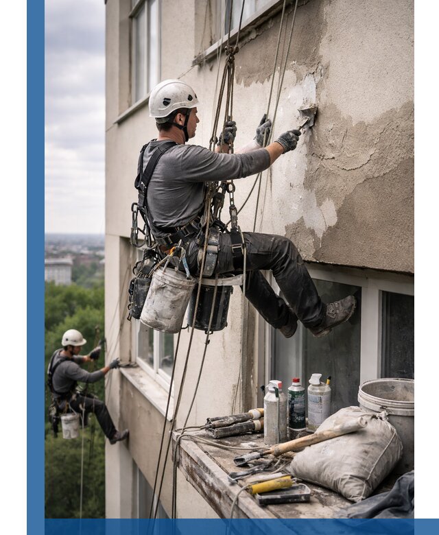 Косметический ремонт фасада зданий в Пятигорске промышленными альпинистами