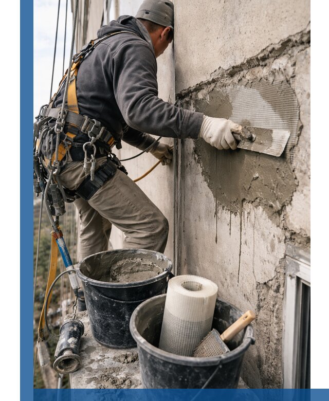 Ремонт бетонных элементов фасада промышленными альпинистами в Пятигорске