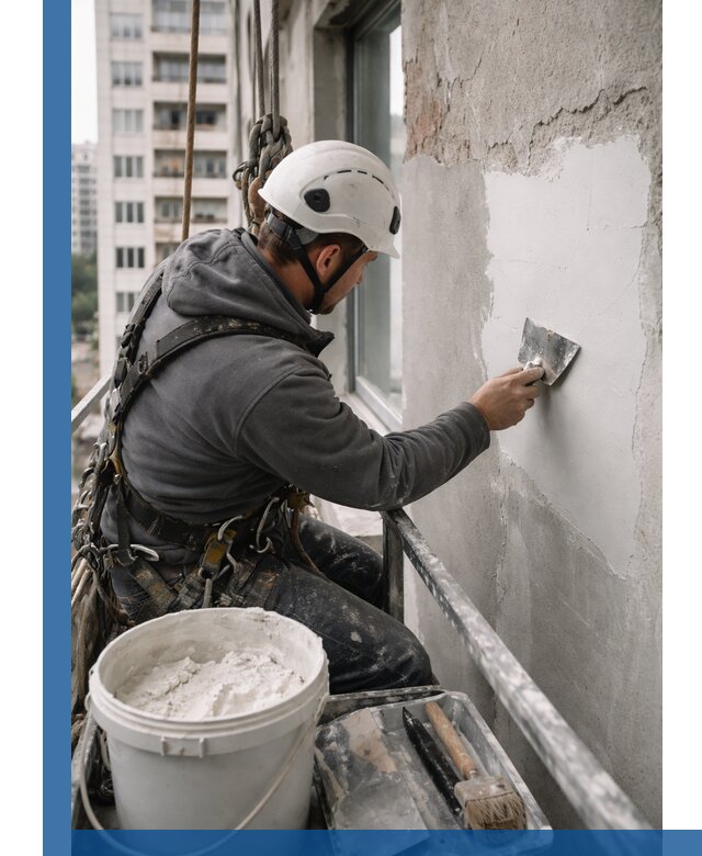 Шпаклевка фасадов на высоте с промальпинистами в Пятигорске