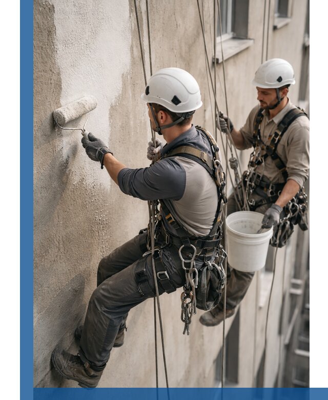 Грунтовка фасада на высоте в Пятигорске промышленными альпинистами