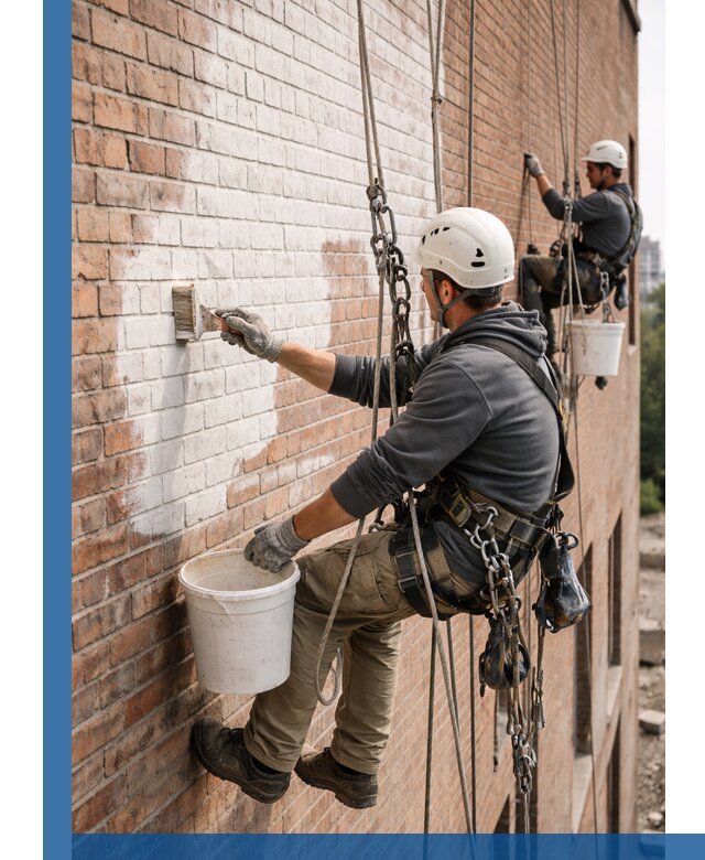 Покраска кирпичного фасада с доступным альпинистским сервисом в Пятигорске