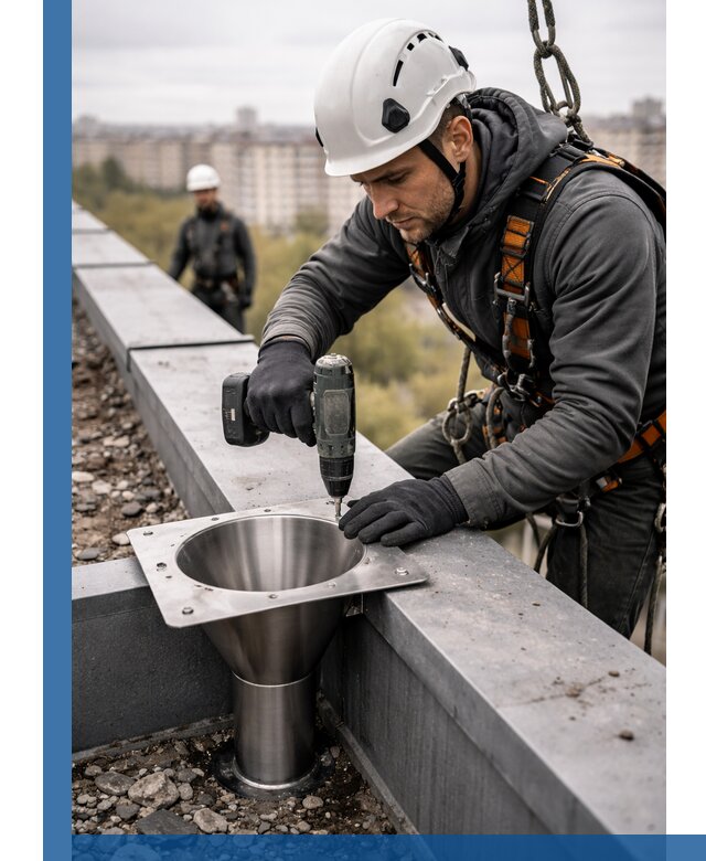 Монтаж водосточных воронок в Пятигорске для промышленных зданий