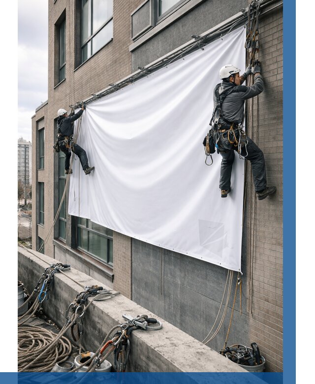 Монтаж баннеров на фасаде в Пятигорске от 668 р. заказать ВЫСОТНИК-Птг