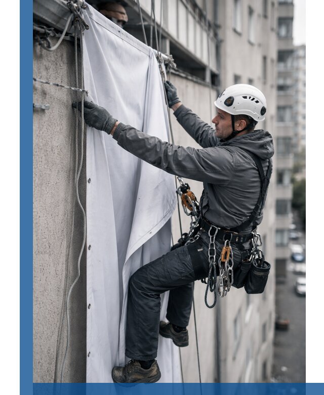 Замена баннерного полотна промышленными альпинистами в Пятигорске