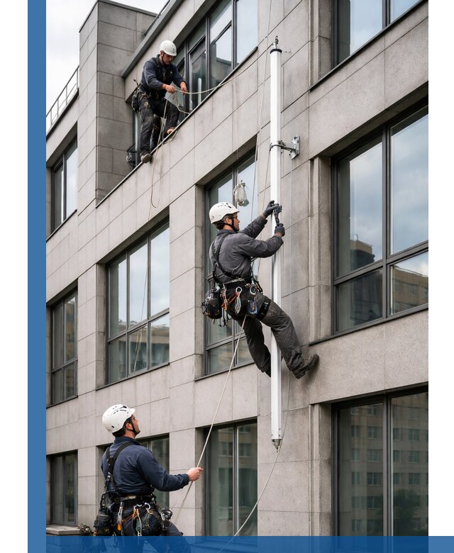 Монтаж флагштока на фасаде здания с креплением и герметикой в Пятигорске