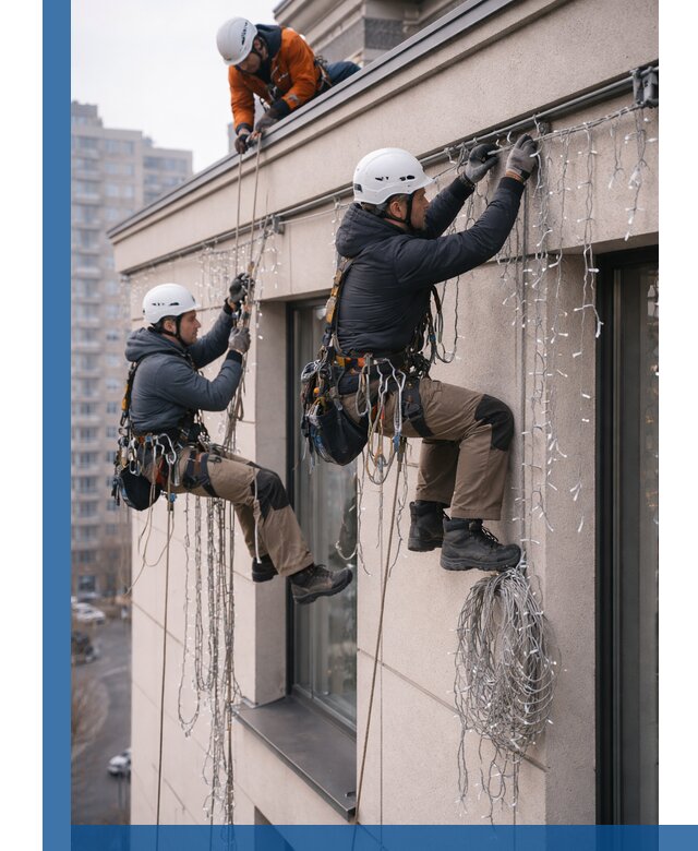 Монтаж праздничных гирлянд на фасаде в Пятигорске для зданий