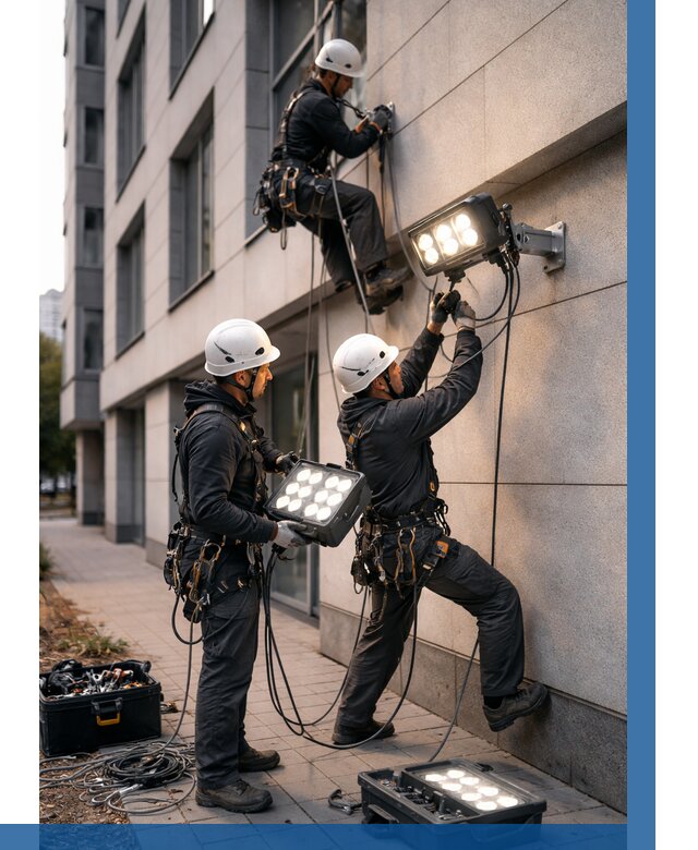 Монтаж прожекторов на фасаде в Пятигорске от 7705 р. | ВЫСОТНИК-Птг