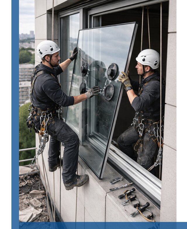 Замена стеклопакетов на высоте с промышленными альпинистами в Пятигорске