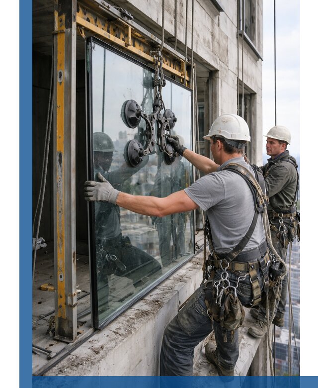 Монтаж стеклопакетов на высоте в Пятигорске с промышленным альпинизмом