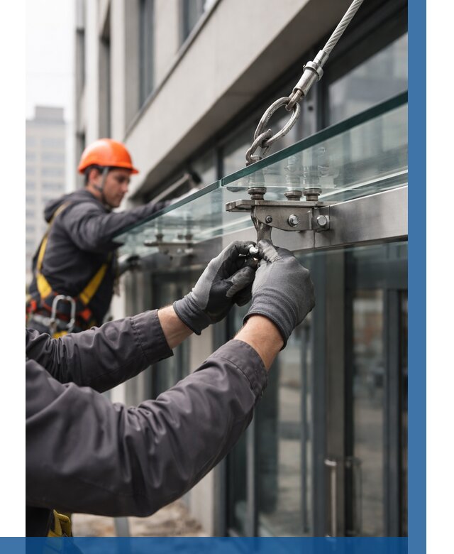 Монтаж стеклянных козырьков в Пятигорске от 8732 р. | ВЫСОТНИК-Птг