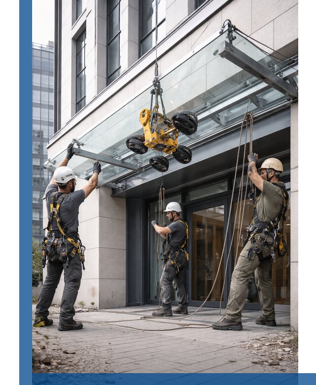 Монтаж стеклянных козырьков под ключ в Пятигорске для зданий