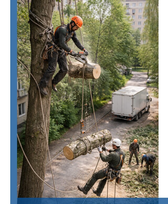 Спил деревьев альпинистами в Пятигорске, безопасно и без повреждений