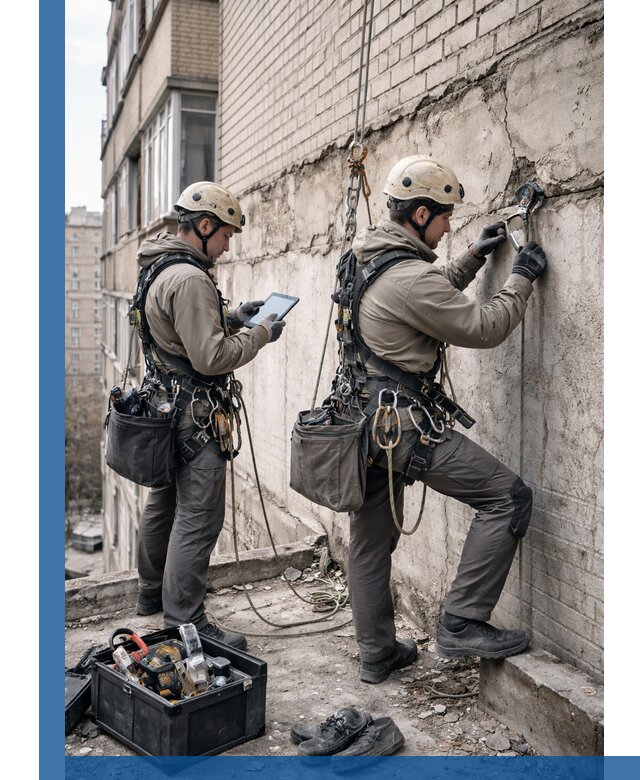 Обследование фасада промышленными альпинистами в Пятигорске